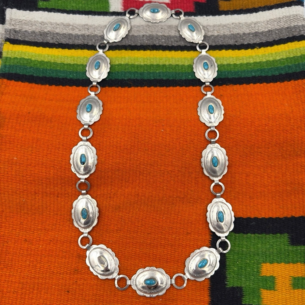 VTG SILVEL Southwestern Turquoise Concho Belt Silver Tone Metal Chain Link 32" *